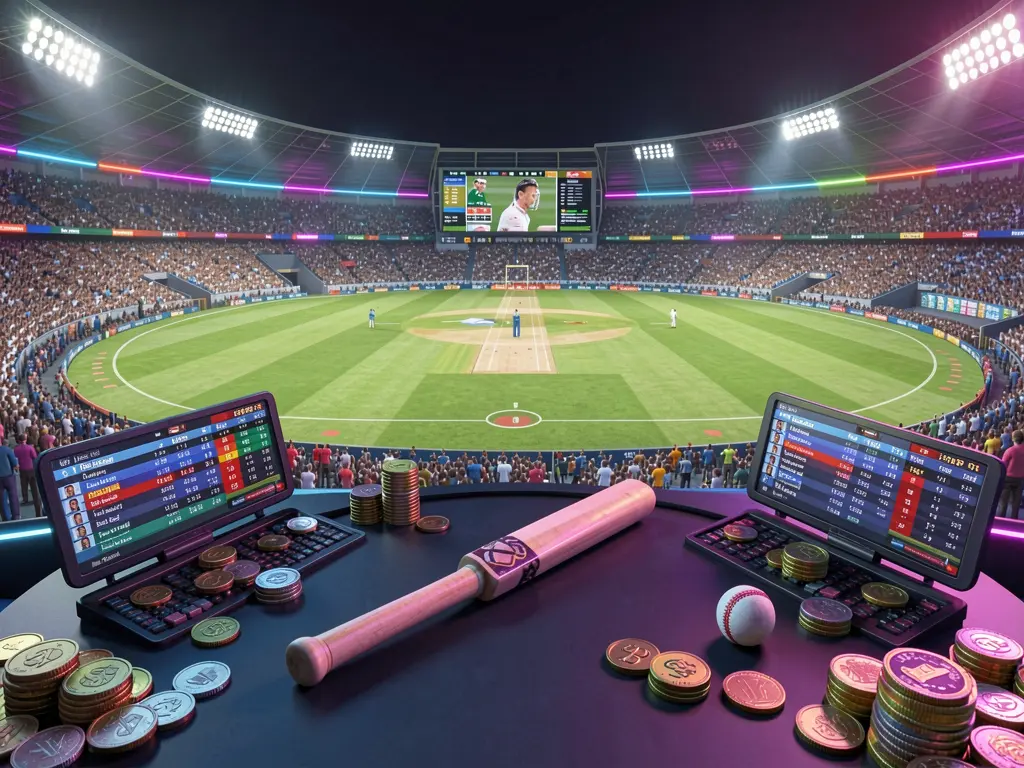 Render 3D sinematik stadion kriket yang penuh sesak dengan lapangan hijau, tongkat dan bola, panel peluang langsung digital, koin, dan pencahayaan neon, menampilkan adegan taruhan olahraga kriket APK 116
