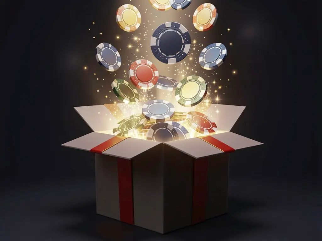 Render 3D realistis kotak hadiah bercahaya dengan chip kasino gratis yang meledak keluar, dikelilingi kilauan magis pada latar belakang premium gelap, merepresentasikan bonus tanpa deposit APK 116