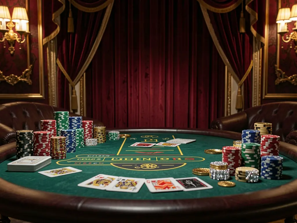 Adegan kasino mewah yang menampilkan meja blackjack dengan kartu poker, tumpukan chip, dan koin berkilau berlatar belakang merah tua dan emas, menampilkan merek APK 116 dalam render realistis sinematik