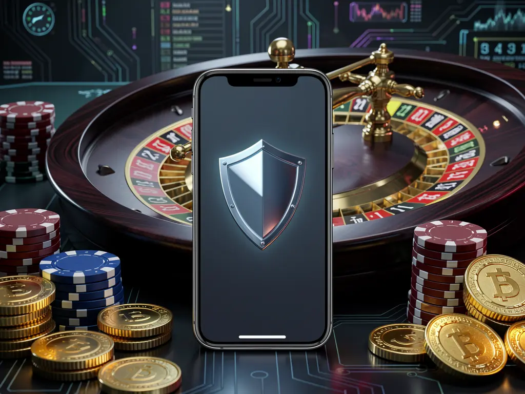 Layar masuk kasino seluler aman APK 116 yang menampilkan ponsel dengan ikon perisai, roda rolet dan chip poker di latar belakang, koin emas, dalam suasana mewah siber yang gelap