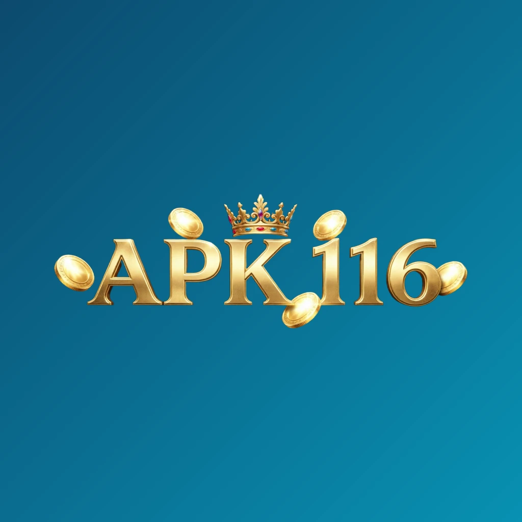 Logo bergaya kasino untuk APK 116 dengan huruf emas, elemen mahkota, dan koin berkilau, menciptakan suasana permainan mewah pada latar belakang transparan dalam format tanda kata persegi panjang horizontal yang lebar